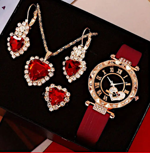 Complete 5pc Women's Quartz analog Elegant Heart Design Dress Watch Jewelry Set With Sweeping Second Hand [Free Shipping !]