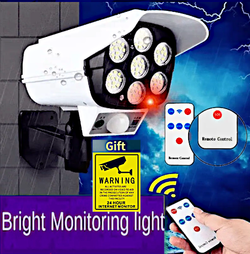 Home Security High Power LED Motion Sensor Outdoor Solar Flood Light with Remote Control and "Dummy Survillance Camera" Feature.