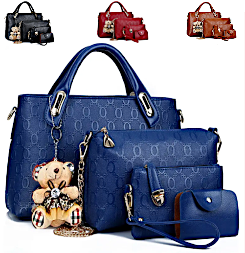 Women's  6 Pc Trendy Handbag / Shoulder Bag /Clutch Purse/ Card Holder Wallet/ /Clasp Teddybear Pendent  and extra Bag Chain 50% OFF !