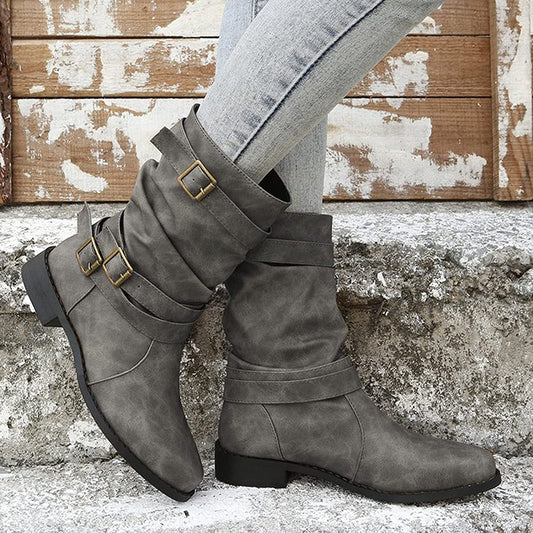 Women Straped-Belted faux leather boots in Grey or Tan
