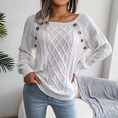 Women Knit Long Sleeve Casual Square Neck Nail Button Twist Knit Pullover Sweater